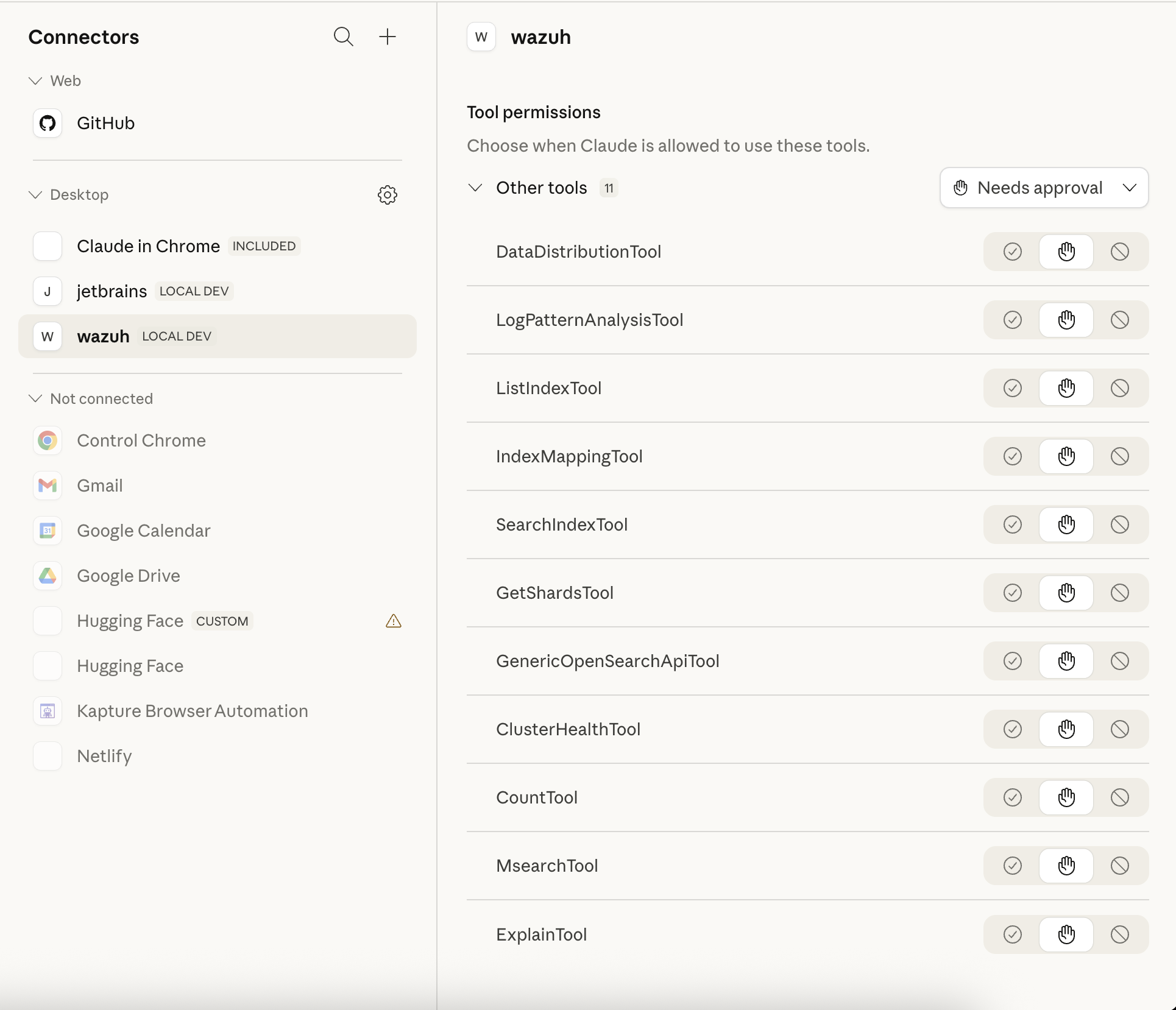 Claude Desktop Connectors: wazuh server connected with 11 OpenSearch tools