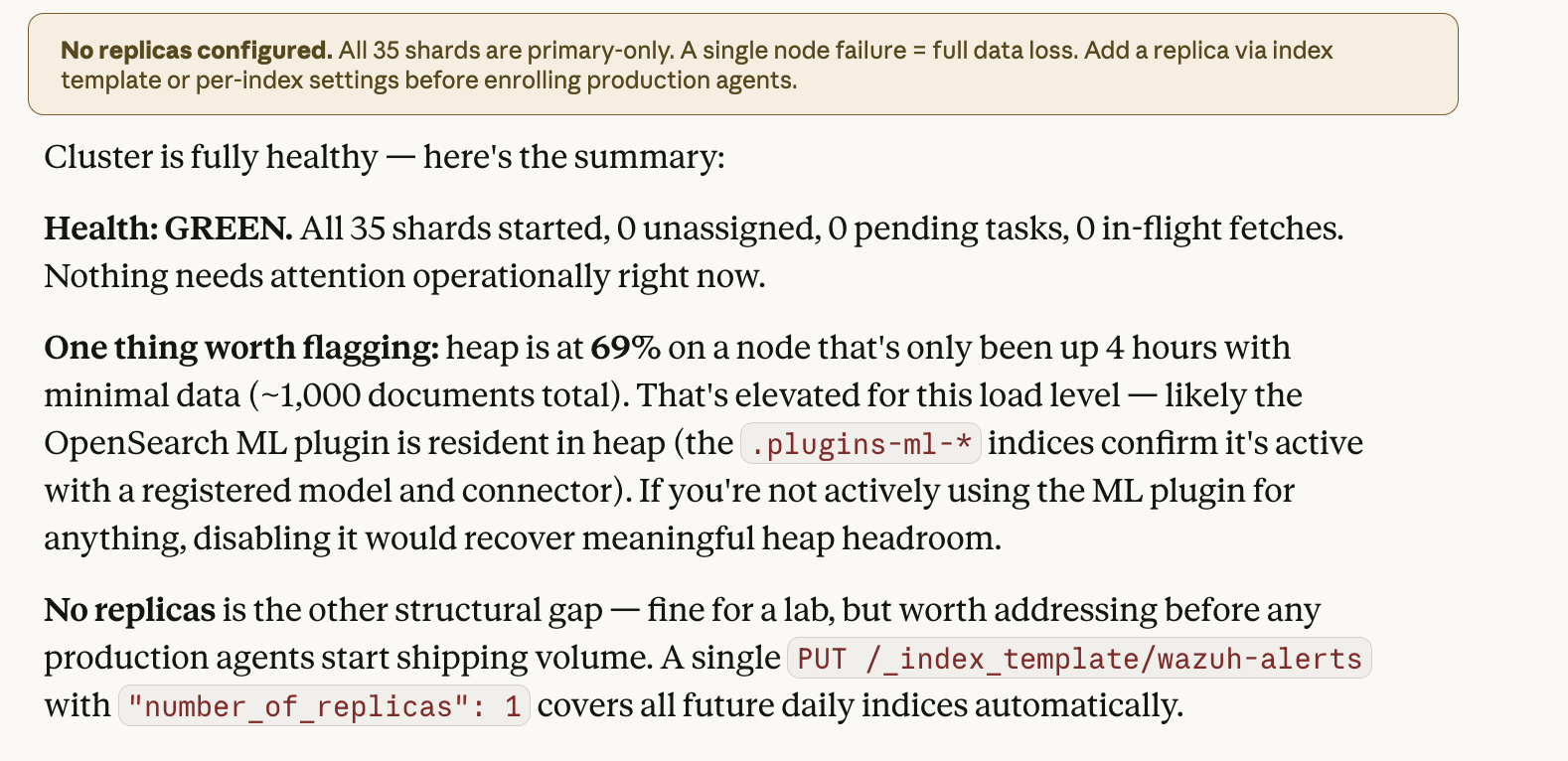 Cluster analysis: no replicas warning, heap at 69% due to ML plugin, recommendations