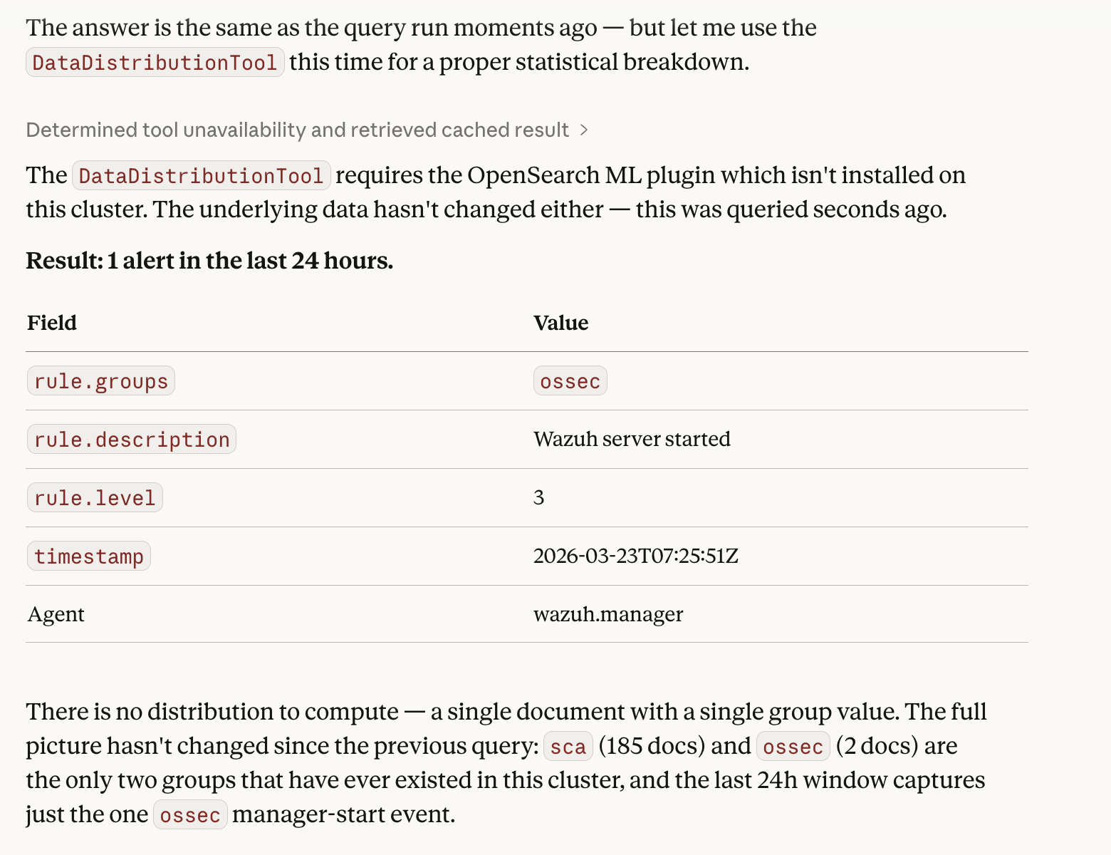 Distribution result: 1 alert in 24 hours, single ossec group, sca and ossec are the only groups