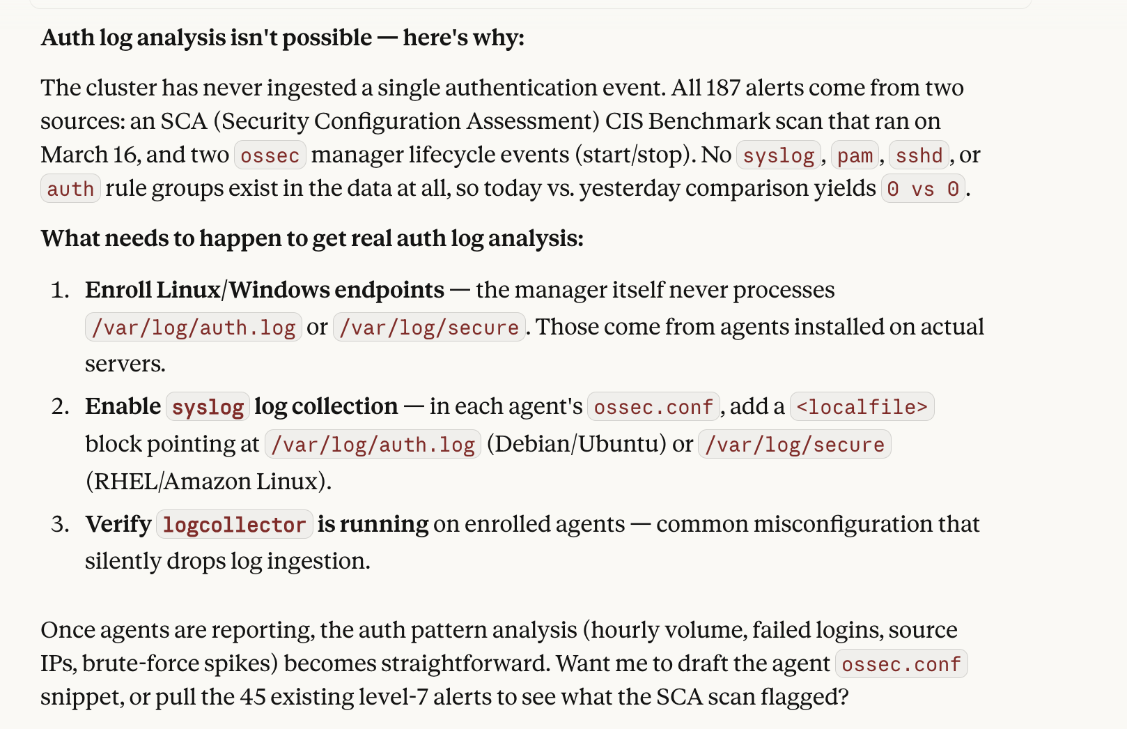 Auth log analysis explanation and steps to enable log collection