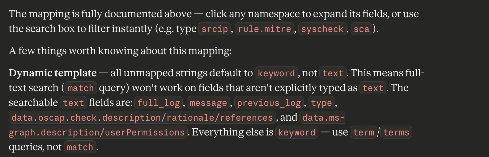 Mapping analysis: dynamic template defaults to keyword, searchable text fields listed